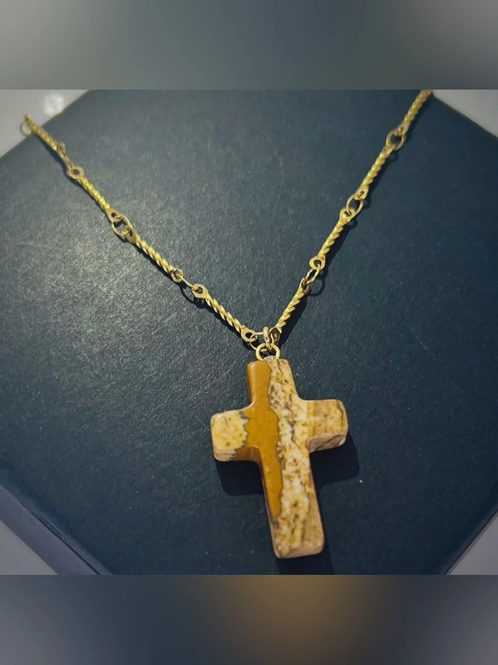 Bone Chain w Natural Picture Stone Cross - Picture 3 of 3